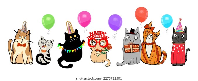 Set of funny Happy Birthday cats vector isolated.