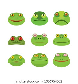 Set of funny happy cartoon green frog heads