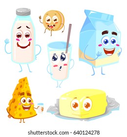 Set of funny and happy characters of dairy products. Cute and funny milk, cheese, glass, cookie and butter. Cartoon vector illustration isolated on white background 