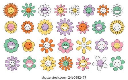 Set of funny happy daisy faces with eyes and smile. Groovy flower cute cartoon colorful characters. Sticker pack in trendy retro trippy style. Hippie 60s, 70s style. Isolated vector illustration. 