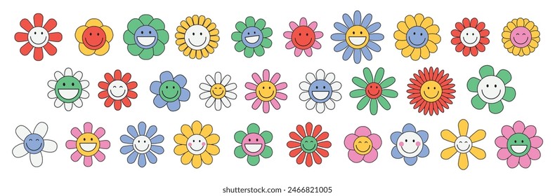 Set of funny happy daisy faces with eyes and smile. Groovy flower cute cartoon colorful characters. Sticker pack in trendy retro trippy style. Hippie 60s, 70s style. Isolated vector illustration. 