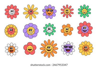 Set of funny happy daisy faces with eyes and smile. Groovy flower cute cartoon colorful characters. Sticker pack in trendy retro trippy style. Hippie 60s, 70s style. Isolated vector illustration. 