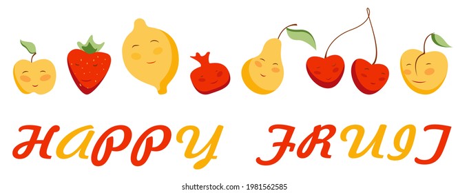 set of funny and happy fruit. cherry lemon apple pear pomegranate strawberry peach. Vector illustration isolated