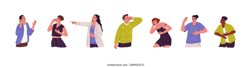 Set of funny happy people laughing out loud. Jolly person crying with laughter and fun. Hearty laugh of young positive man and woman. Colored flat vector illustration isolated on white background.