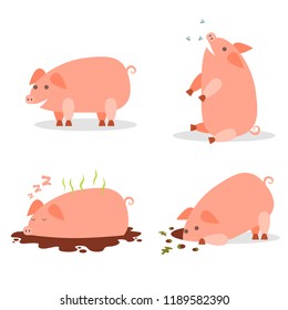 Set of a funny happy pink pig