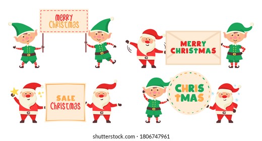 Set of funny happy Santa Claus and elf characters hold a placard with "Merry Christmas" or place for other text. Santa Claus cartoon character with banner. Merry Christmas greeting card. Vector. 