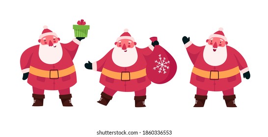 Set of funny happy Santa Claus character with gift, bag with presents, waving and greeting. Christmas flat cartoon vector illustrations isolated on white background. For cards, banners, posters.