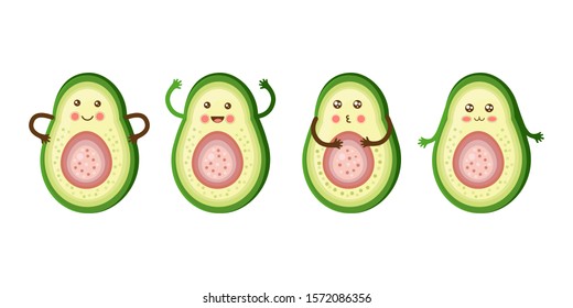 Set funny happy smiling avocado. Vector flat. Isolated on white background. The concept of a healthy lifestyle. Cute exotic fruit. Kawaii cartoon character. Children's illustration.