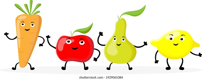 Set of funny and happy vegetables and fruits, juice packaging template. Lemon, pear, apple and carrot - vegetarian food, vector flat illustration.