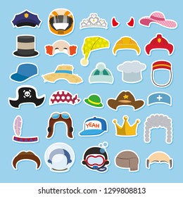 Set of funny hats and caps. Cute cartoon costumes for carnival or funny photocall. Fun stickers design in vector 