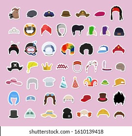 Juego de gorros y gorras divertidos. Disfraces de caricaturas para carnaval o divertida fotollamada. Diseño de etiquetas divertidas en vectores 