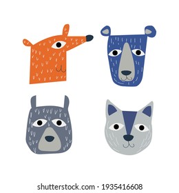 A set of funny heads of wild animals like a bear and a fox. As well as funny pet heads like cat and dog. Vector illustration on white background. 