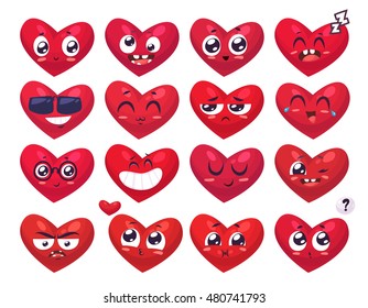 Set of funny heart smiles. Vector cartoon illustration. Cute stylish characters.