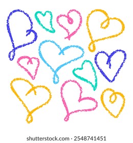 Set of Funny hearts with crayon texture . Cute Colorful heart shapes. Kids pencil drawings. Doodle playful Icon for card, invitation, sticker, Children Design. Abstract Love symbol
