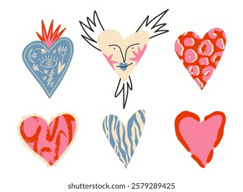 Set of funny hearts with face, cartoon flat vector illustration isolated on white background. Quirky ugly hearts, hand drawn style. Concepts of love and Valentines day.