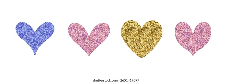 Set of funny hearts with golden glitter texture and sparkling shine. Vector design element for Valentine's day holiday, Engagement cards