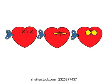 Set of funny hearts. A heart with a clockwork mechanism