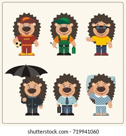 Set funny hedgehog in different clothing: sportsman, worker, manager, summer, autumn, sleepwear in cartoon style.