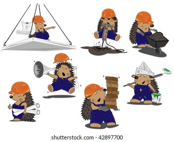 set of funny hedgehogs builders at working