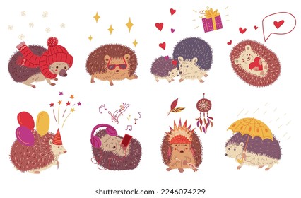Set of funny hedgehogs with different decor flat style, vector illustration isolated on white background. Cute spiny animals, design elements collection, holidays