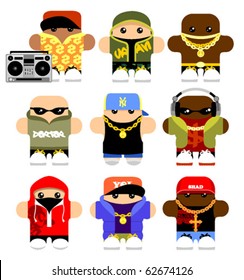 Set of funny hip-hop cartoon characters. Isolated on white.