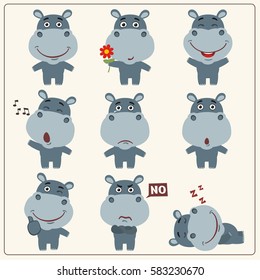 Set of funny hippo in different poses and emotions in cartoon style.
