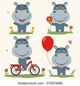 Set of funny hippo plays on meadow, on bicycle, with balloon and flower in cartoon style.
