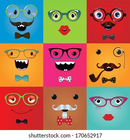 Set of funny hipster monster eyes and face expressions. Vector illustration. 