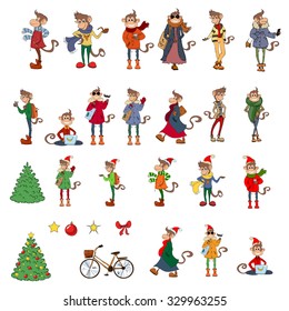 Set of funny hipsters monkeys, bike, Christmas tree. Isolated on white background.  Symbol 2016 year 