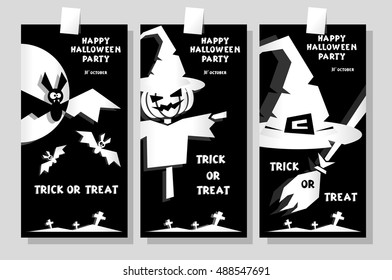 Set of funny holiday banner: title Happy Halloween party Trick or Treat and witch hat, scarecrow, bats. Concept design cards, flyers, posters. Vector illustration in flat or kids paper applique style