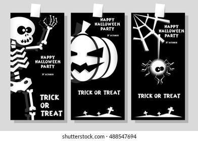 Set of funny holiday banner: title Happy Halloween party Trick or Treat and skeleton, pumpkin, spider. Concept design cards, flyers, posters. Vector illustration in flat or kids paper applique style