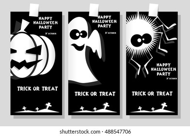 Set of funny holiday banner: title Happy Halloween party Trick or Treat and ghost, pumpkin, spider. Concept for design cards, flyers, posters. Vector illustration in flat or kids paper applique style