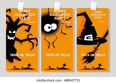 Set of funny holiday banner: title Happy Halloween party Trick or Treat and witch hat, scary tree, spider. Concept design card, flyer, poster. Vector illustration in flat or kids paper applique style