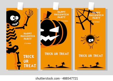 Set of funny holiday banner: title Happy Halloween party Trick or Treat and skeleton, pumpkin, spider. Concept design cards, flyers, posters. Vector illustration in flat or kids paper applique style