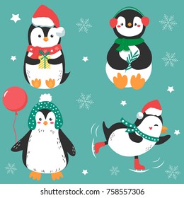 Set of  funny holiday penguins 