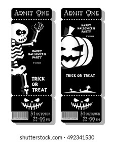 Set of funny holiday ticket: Happy Halloween party Trick or Treat and skeleton, pumpkin. Concept for design banners; cards, flyers, posters. Vector illustration in flat or kids paper applique style