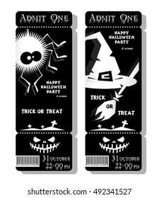 Set of funny holiday ticket: title Happy Halloween party Trick or Treat and spider, witch hat and web. Concept banners; cards, flyers, posters. Vector illustration in flat or kids paper applique style