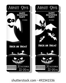 Set of funny holiday ticket: title Happy Halloween party Trick or Treat and bats, ghost. Concept for design banners; cards, flyers, posters. Vector illustration in flat or kids paper applique style