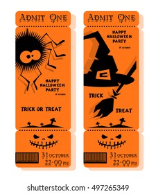 Set of funny holiday ticket: title Happy Halloween party Trick or Treat and spider, witch hat and web. Concept banners, cards, flyers, posters. Vector illustration in flat or kids paper applique style