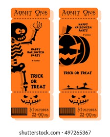 Set of funny holiday ticket: title Happy Halloween party Trick or Treat and skeleton, pumpkin. Concept for banners, cards, flyers, posters. Vector illustration in flat or kids paper applique style