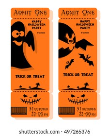 Set of funny holiday ticket: title Happy Halloween party Trick or Treat and bats, ghost. Concept for design banners; cards, flyers, posters. Vector illustration in flat or kids paper applique style
