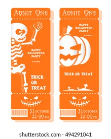 Set of funny holiday tickets: title Happy Halloween party Trick or Treat and skeleton, pumpkin. Concept for banners, cards, flyers, posters. Vector illustration in flat or kids paper applique style