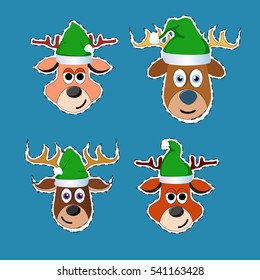 set of funny horned deer isolated on white background