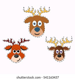 set of funny horned deer isolated on white background