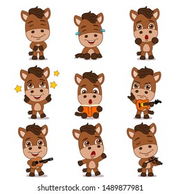 Set of funny horse in cartoon style in different poses and with musical instruments isolated on white background