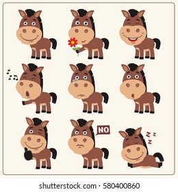 Set of funny horse in different poses and emotions in cartoon style.