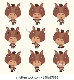 Set funny horse in different poses in cartoon style.