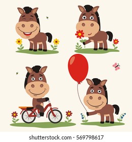 Set of funny horse plays on meadow, on bicycle, with balloon and flower in cartoon style.
