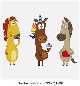 Set of funny horses cartoon character. Vector illustration