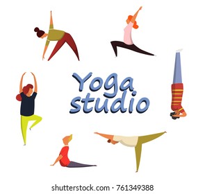 A set of funny human figures performing various yoga asanas. Sport exercises.Good for yoga class, center, or studio. Healthy lifestyle.